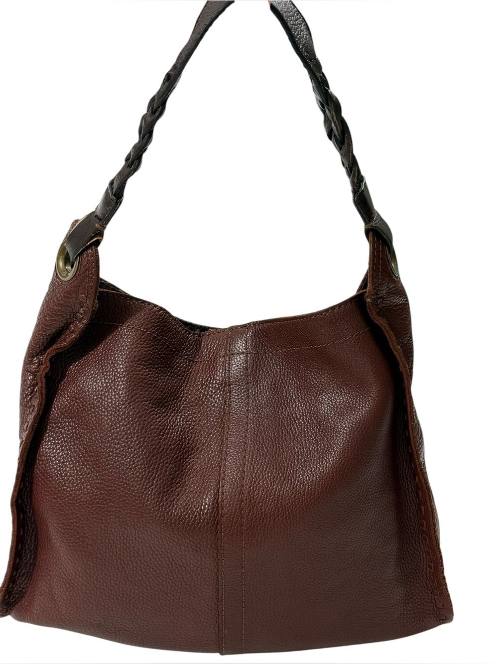 Lucky Brand Brown Pebbled Leather Hobo Shoulder Bag Braided Strap Large